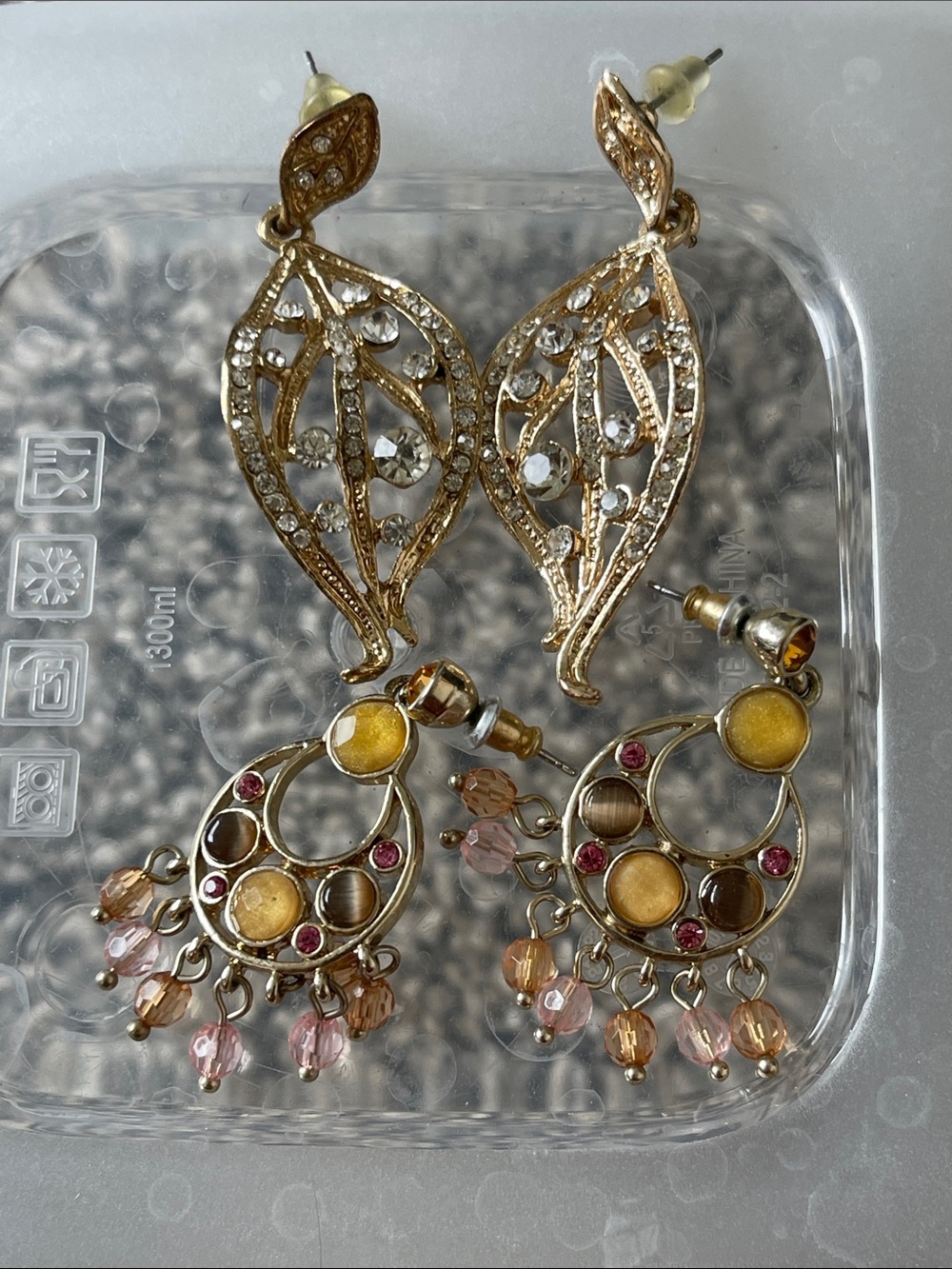 Gold-Tone Leaf and Hoop Crystal Drop Earrings - Pink & Yellow Accents